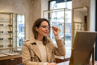 Femme élégante essayant des lunettes dans une boutique chic