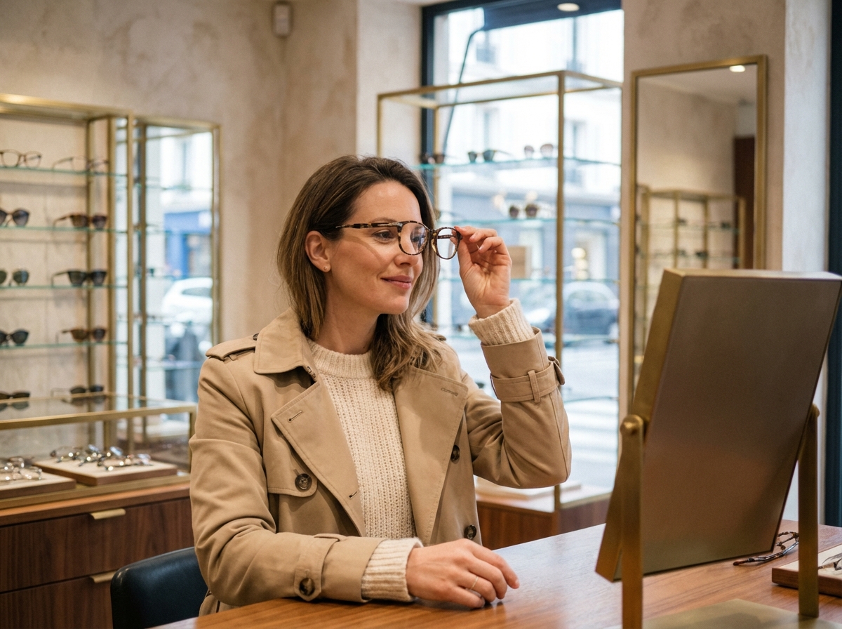 Femme élégante essayant des lunettes dans une boutique chic