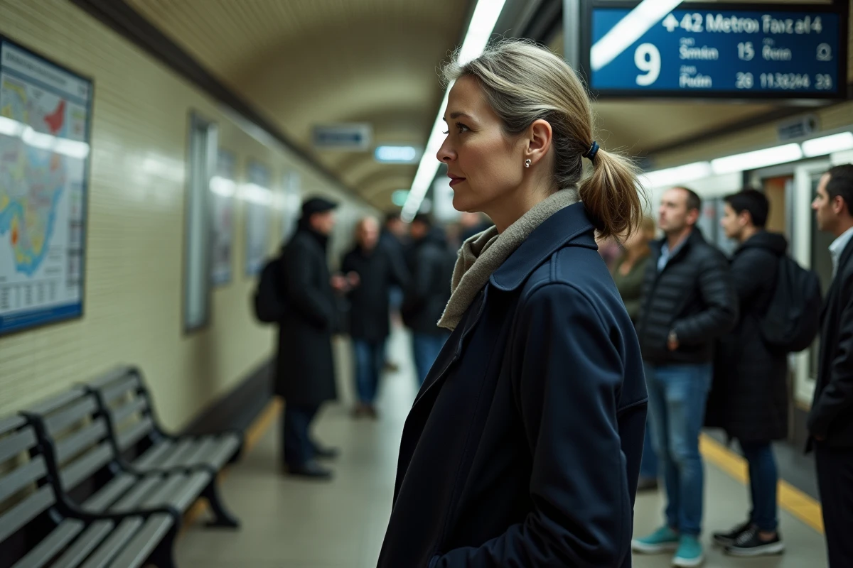 Femme en trench sur plateforme métro parisien