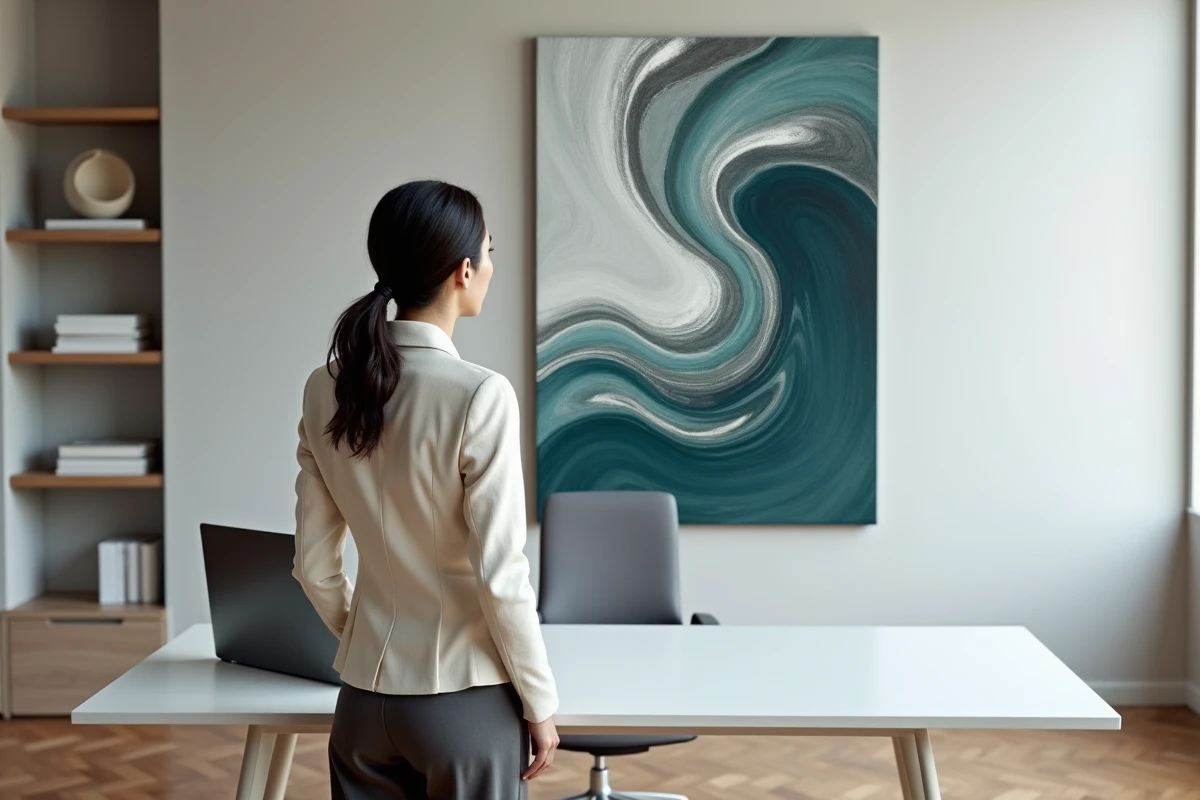 Femme en blazer crème admirant une peinture futuriste verticale aux reflets métalliques argentés dans un bureau à domicile minimaliste