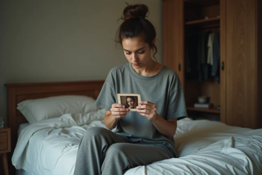 Jeune femme pensive tenant une vieille photo sur son lit défait, illustrant le rêve d'un ex qui revient
