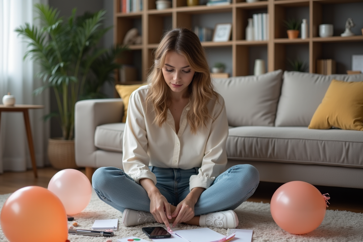 Jeune femme préparant une fête avec ballons et invitations