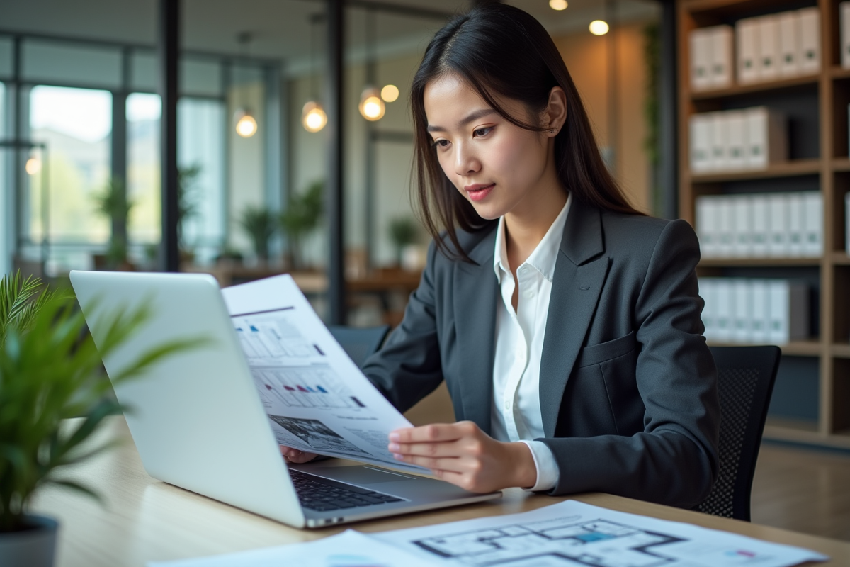Jeune femme en costume analyse un rapport d audit energetique au bureau