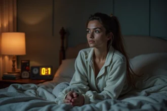 Jeune femme en pyjamas regarde une horloge la nuit