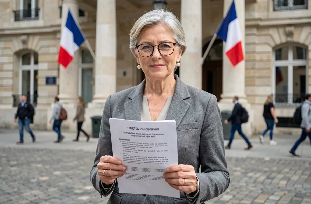 Femme cadre tenant un questionnaire d'orientation politique républicaine devant un bâtiment municipal français