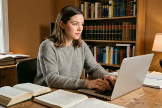 Femme cherchant une encyclopédie collaborative en ligne sur son ordinateur portable dans un bureau à domicile entouré de livres de référence