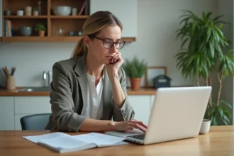 Femme réfléchissant à la recherche d'informations à la maison