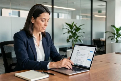 Femme professionnelle rédigeant un courriel formel sur son ordinateur portable dans un bureau moderne