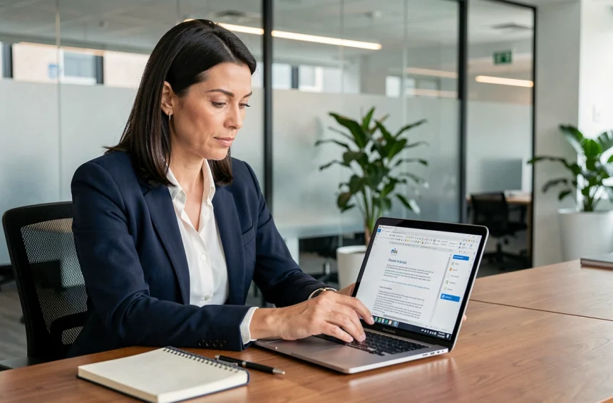 Femme professionnelle rédigeant un courriel formel sur son ordinateur portable dans un bureau moderne