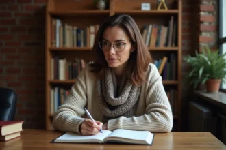 Femme pensante prenant des notes dans un cadre cosy