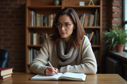 Femme pensante prenant des notes dans un cadre cosy