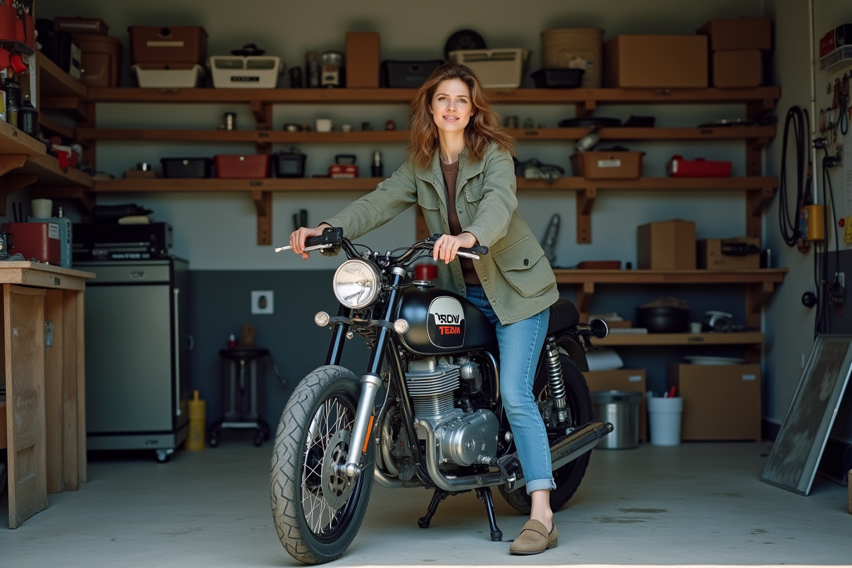 Femme en atelier réparant sa moto Skyteam dans un garage