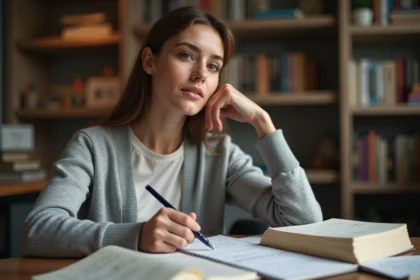 Femme concentrée qui révise une règle de grammaire française dans un bureau avec des livres de grammaire ouverts