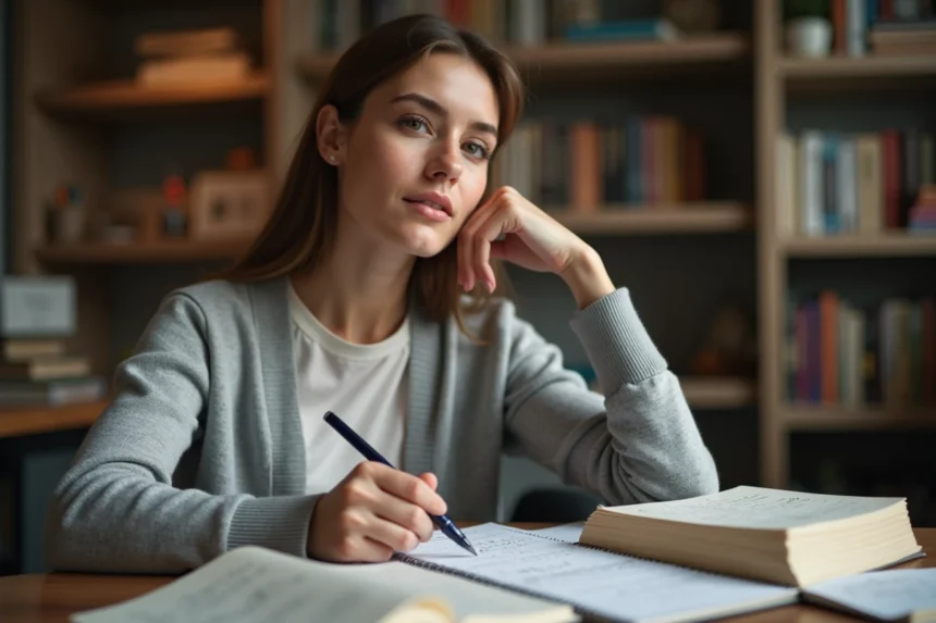 Femme concentrée qui révise une règle de grammaire française dans un bureau avec des livres de grammaire ouverts