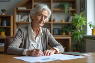 Femme senior française examinant des documents de prêt immobilier