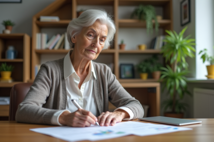 Femme senior française examinant des documents de prêt immobilier