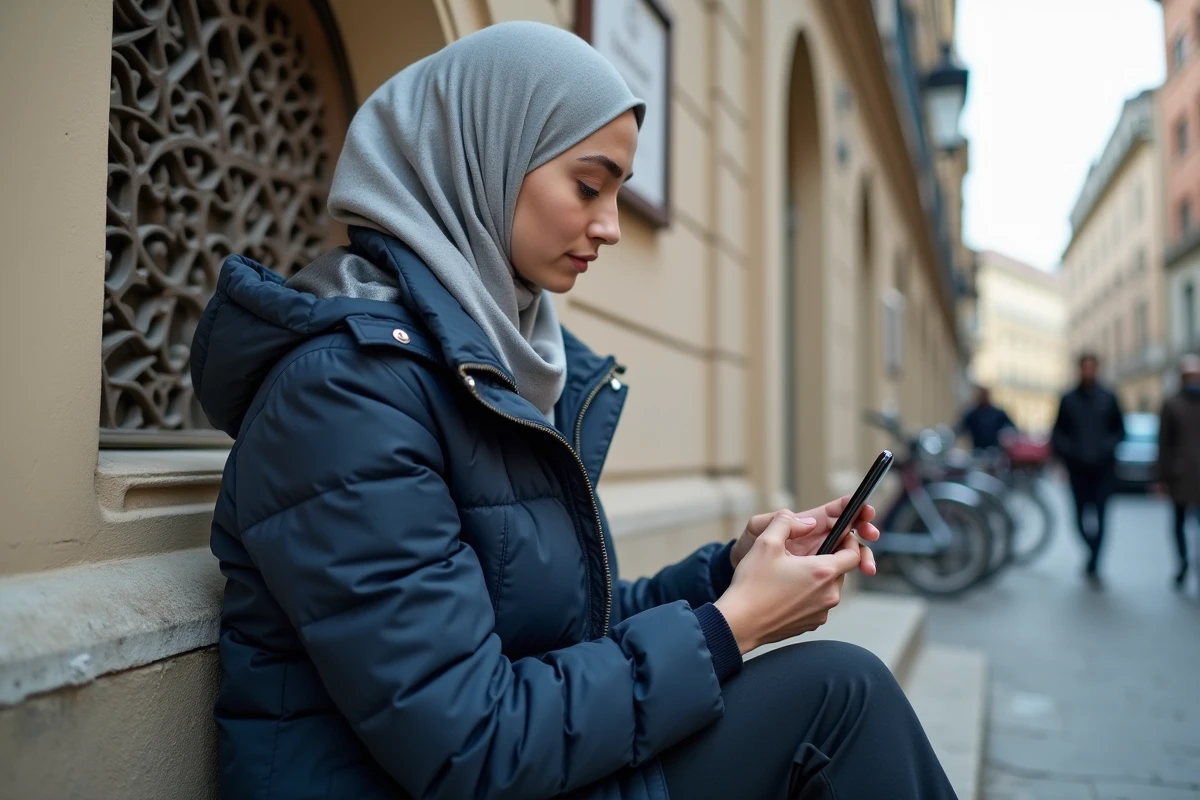 Jeune femme voilée consultant les horaires du Ramadan sur smartphone devant une mosquée du quartier de la Guillotière à Lyon