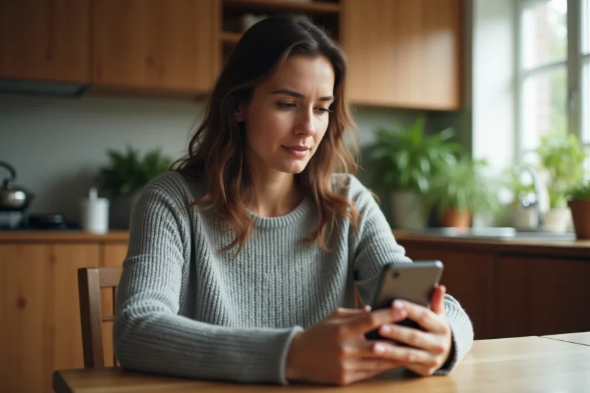 Femme tenant un smartphone et hésitant à choisir une photo de profil WhatsApp