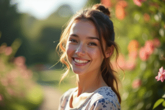 Femme souriante avec peau saine et éclatante en extérieur