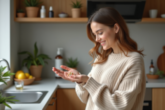 Femme souriante appliquant un complément dans une cuisine chaleureuse