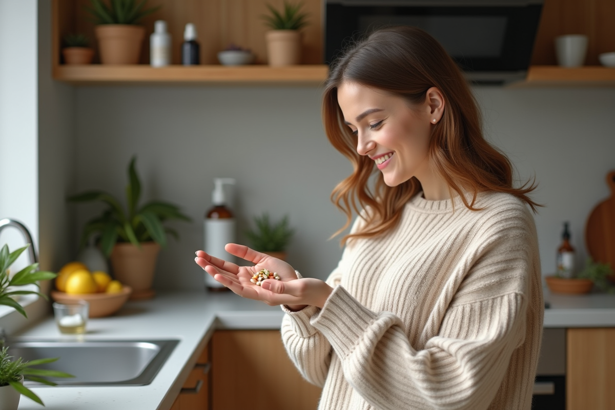 Femme souriante appliquant un complément dans une cuisine chaleureuse
