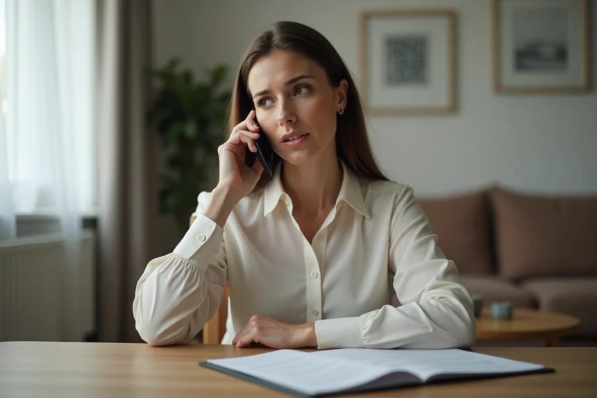 Femme d'âge moyen au téléphone dans un intérieur cosy