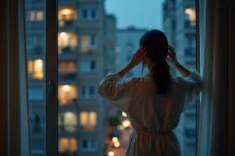 Femme excédée par le tapage nocturne dans son appartement urbain, mains sur les oreilles, regardant par la fenêtre la nuit