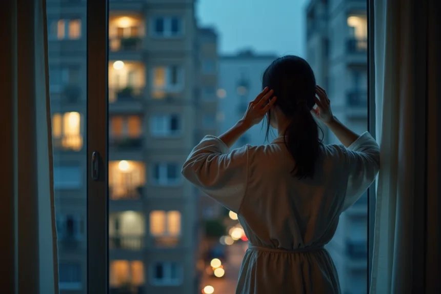 Femme excédée par le tapage nocturne dans son appartement urbain, mains sur les oreilles, regardant par la fenêtre la nuit