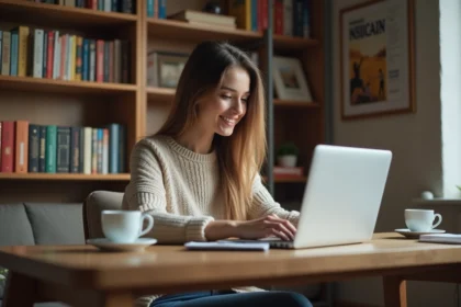 Jeune femme souriante travaillant à son ordinateur dans un salon chaleureux