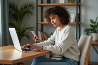 Jeune femme au bureau à domicile utilisant son ordinateur portable