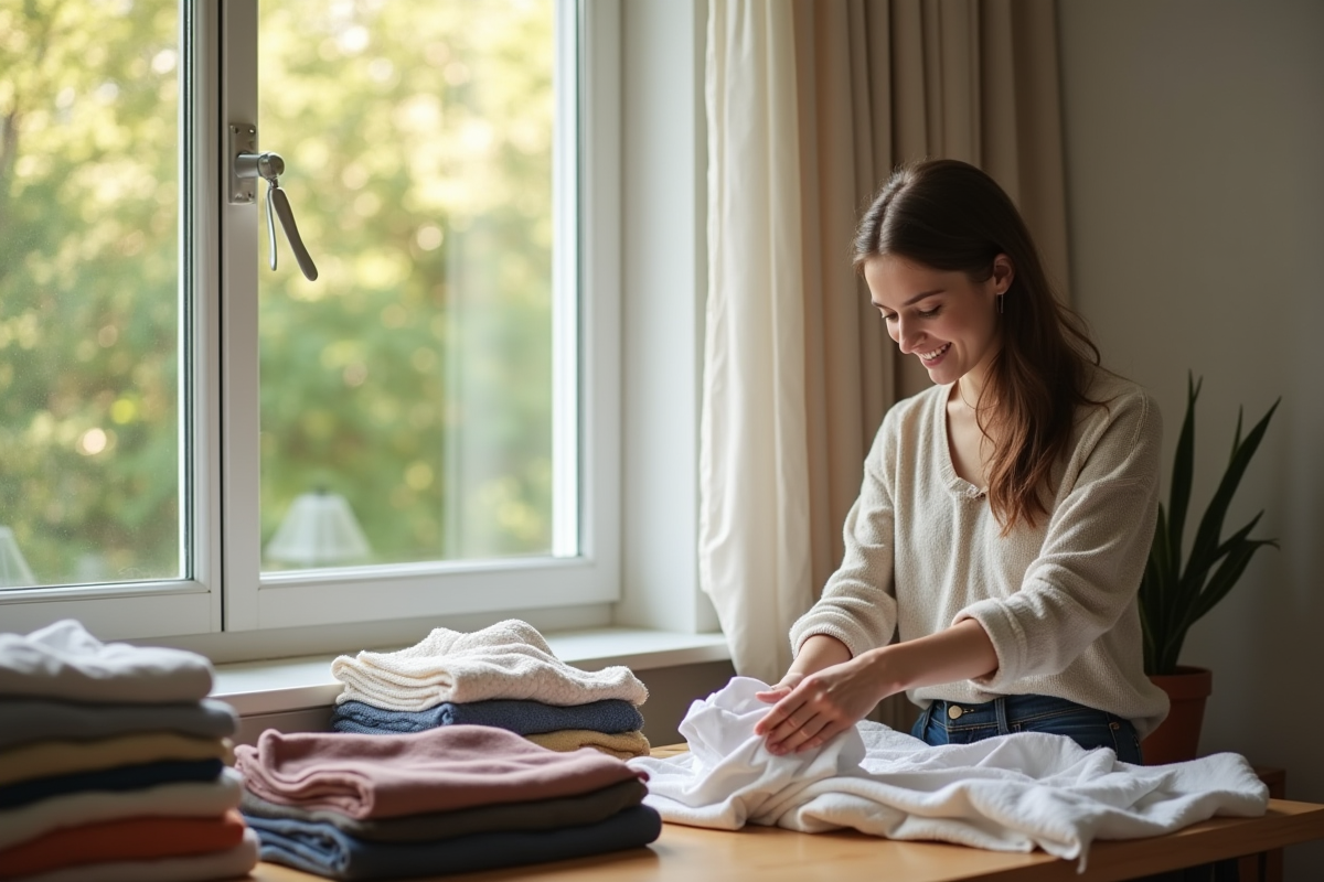 Jeune femme triant ses vêtements sur une table en bois