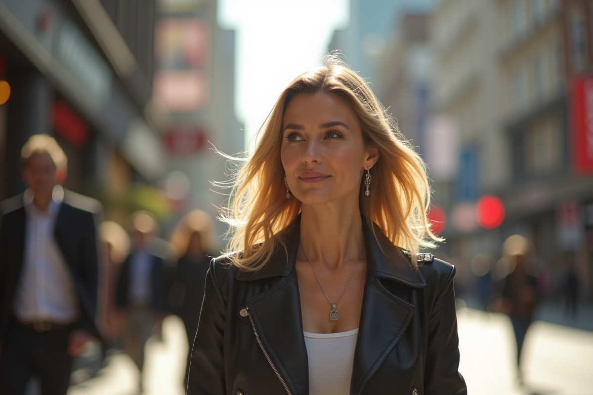 Femme dynamique marchant en ville en plein jour