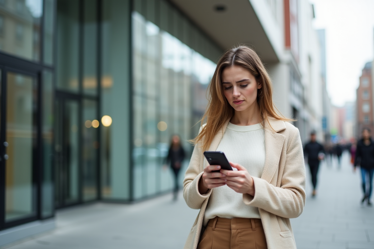 Jeune femme regardant son téléphone devant une banque moderne