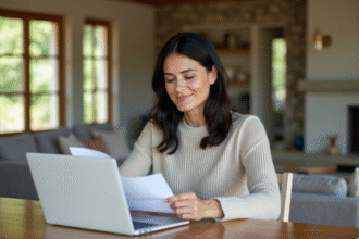 Femme d'âge moyen travaillant sur un ordinateur dans une maison de vacances