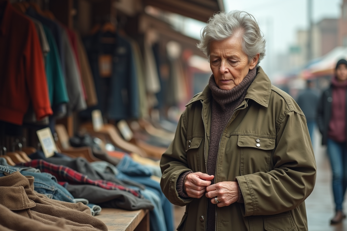 Femme inspectant une veste dans un marché aux puces