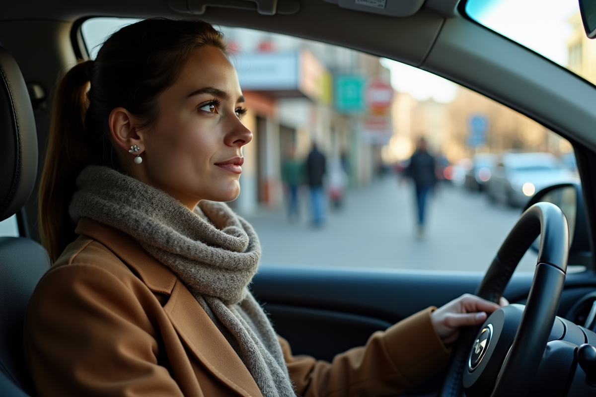 Jeune femme dans une voiture en ville dynamique