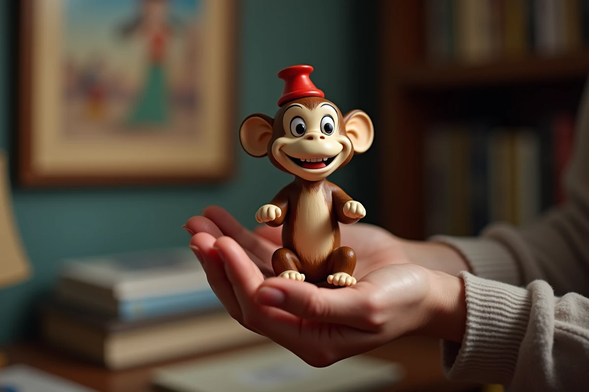 Figurine Abu le singe d'Aladdin Disney tenue par un collectionneur adulte, détail haute résolution de la statuette peinte