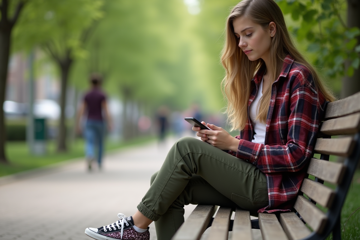 Jeune fille assise sur un banc dans un parc urbain