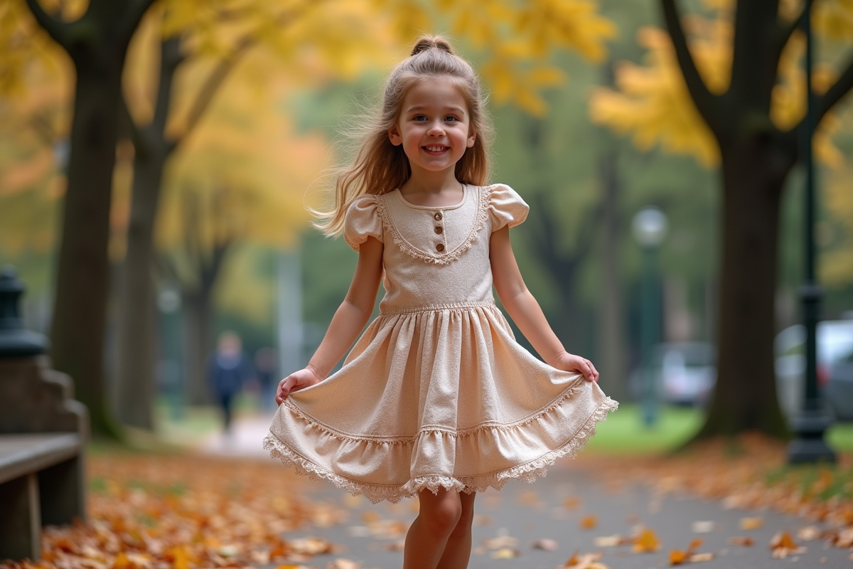 Fille de 7 ans souriante portant sa robe conçue en parc