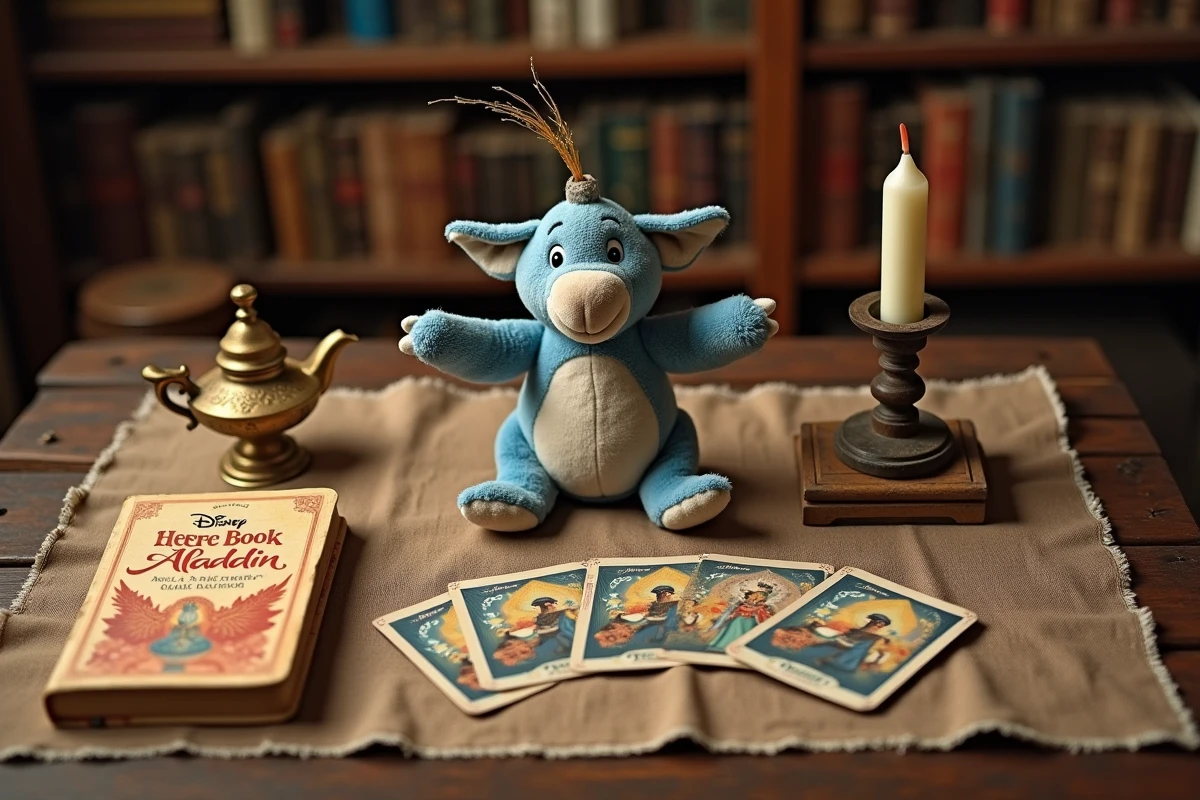 Arrangement flat lay avec peluche Abu d'Aladdin Disney, livre de contes, lampe magique et cartes de collection vintage sur table en bois