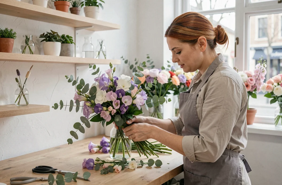 Fleuriste aux reflets cuivrés arrangeant un bouquet de pois de senteur et eucalyptus dans la boutique Fleur et Style à Armentières