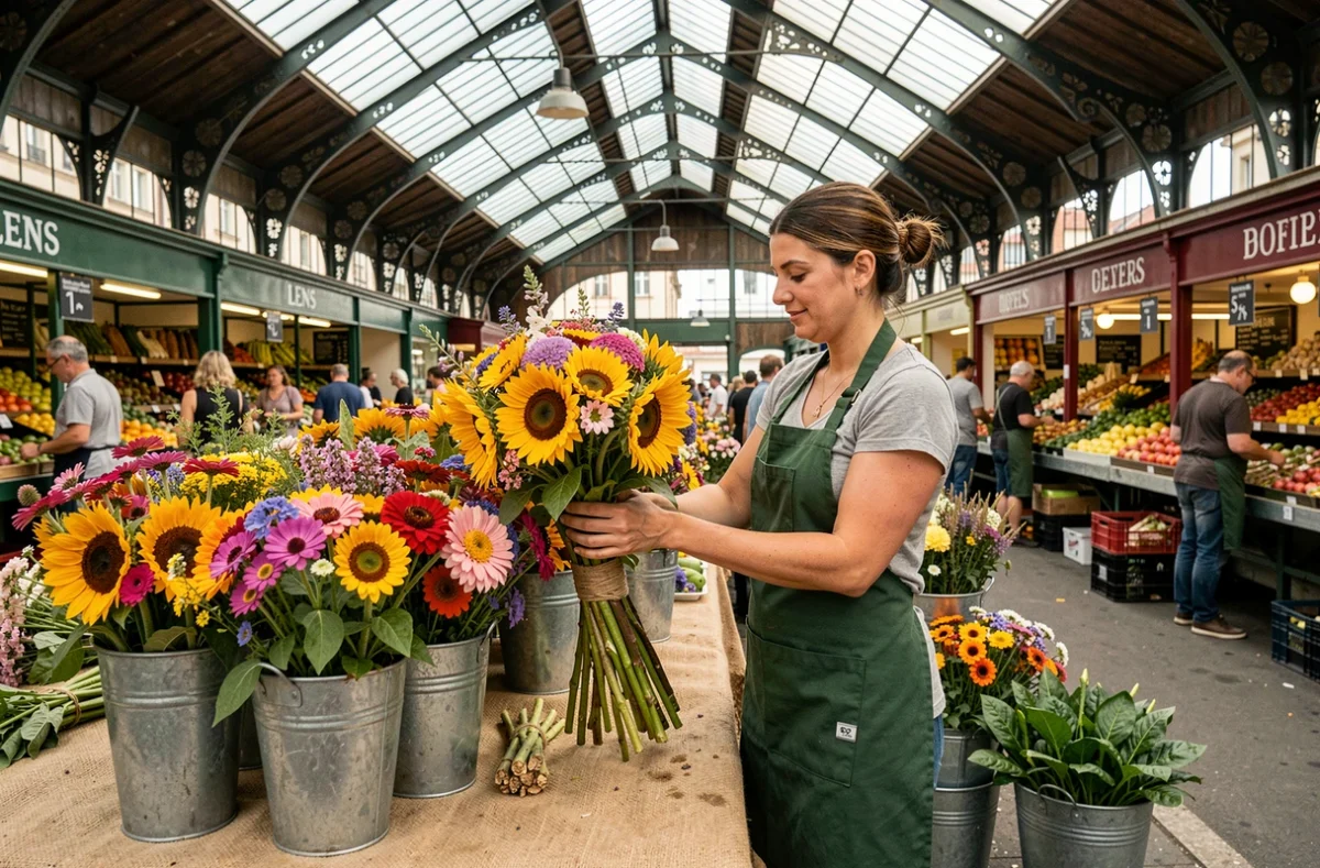 Fleuriste en tablier vert arrangeant un bouquet de tournesols et zinnias sur son étal dans la halle couverte de Flor'Halle à Lens