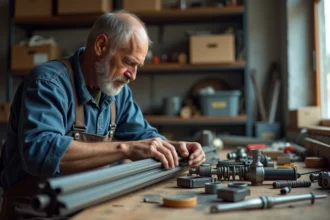 artisan réparant un volet roulant avec des outils appropriés