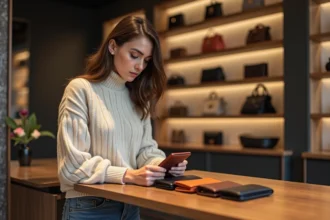Porte-monnaie femme élégant posé sur une table en bois