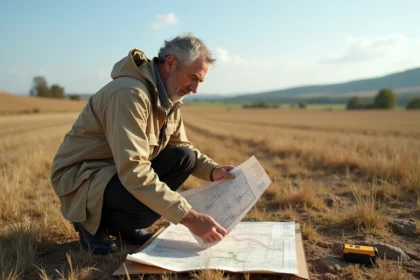 Géomètre consultant un plan topographique sur le terrain agricole pour convertir des hectares en mètres carrés