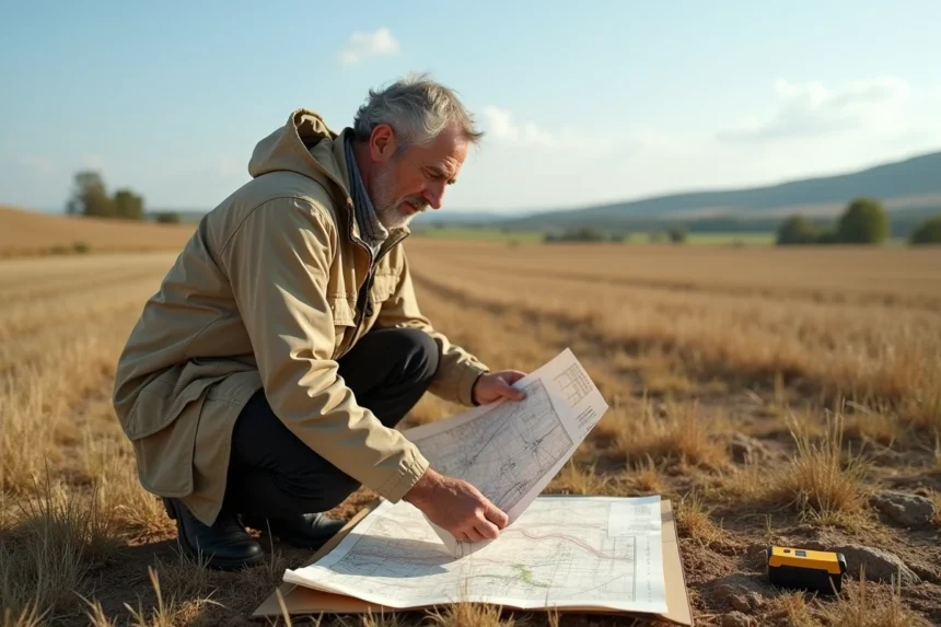 Géomètre consultant un plan topographique sur le terrain agricole pour convertir des hectares en mètres carrés
