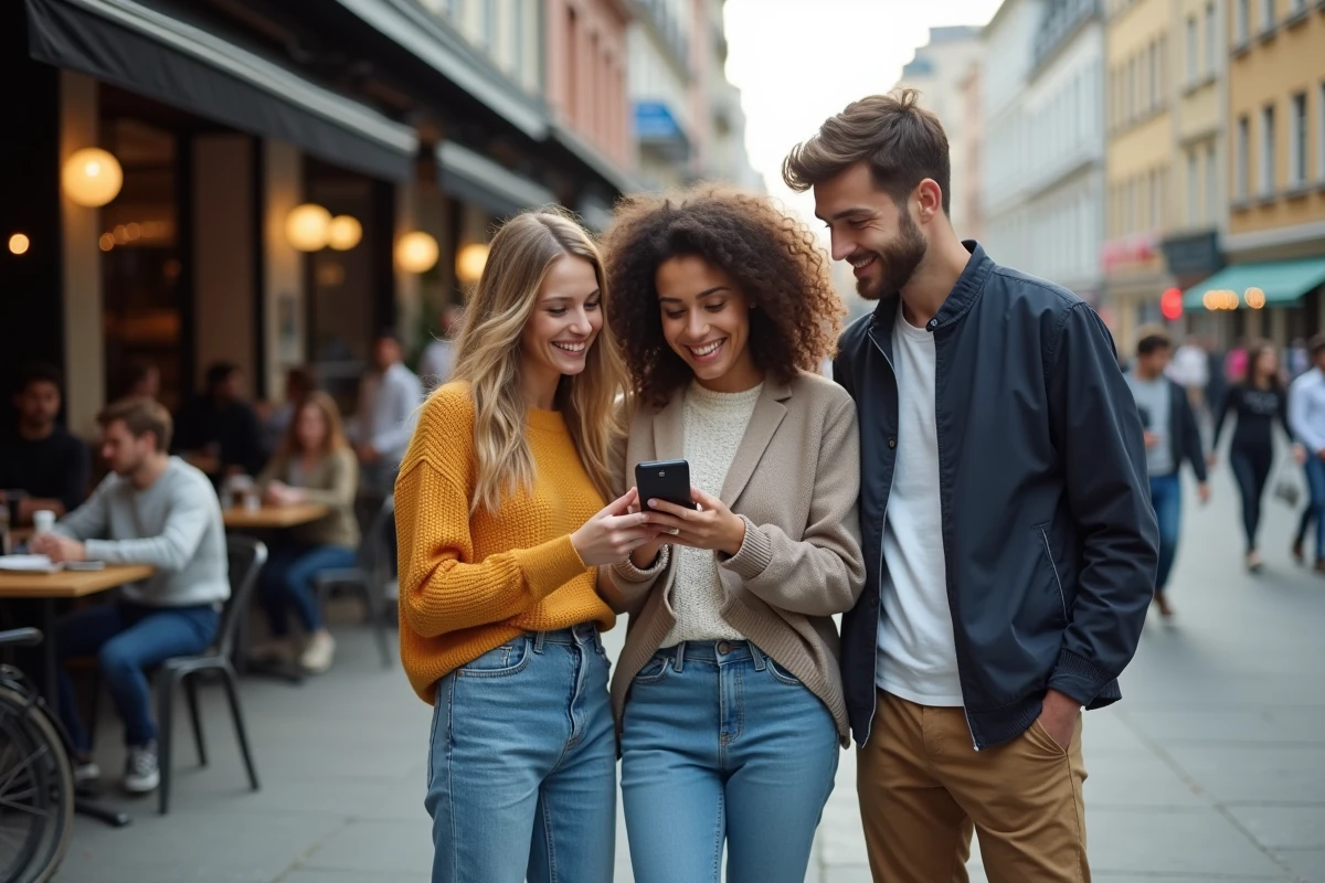 Groupe d amis discutant dehors près d un café en ville