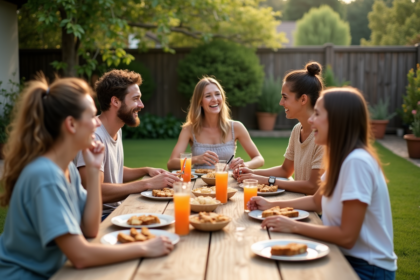 Groupe d'amis autour d'une table en extérieur lors d'une fête