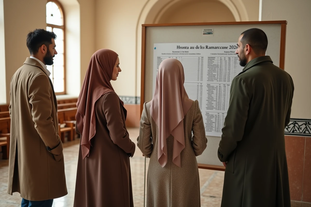 Groupe de fidèles consultant le tableau des horaires du Ramadan 2026 à l'intérieur d'une mosquée lyonnaise