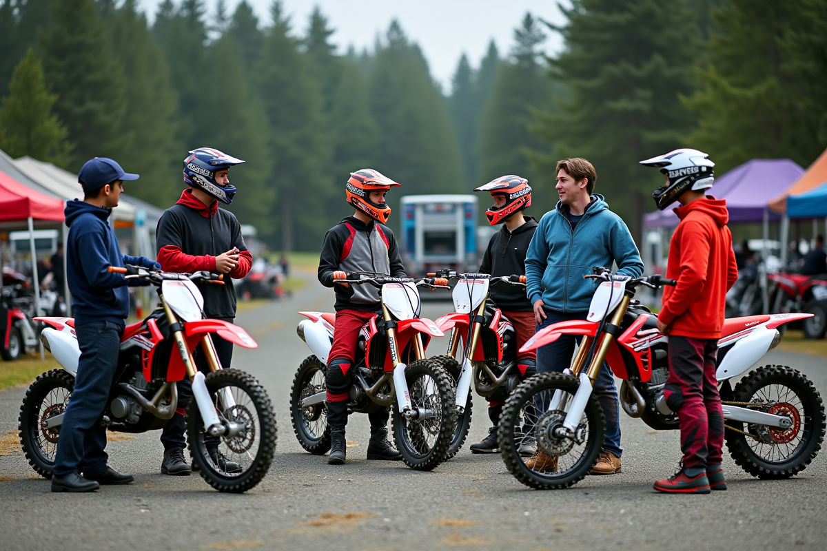 Groupe de passionnes de motocross discutant avec leurs motos